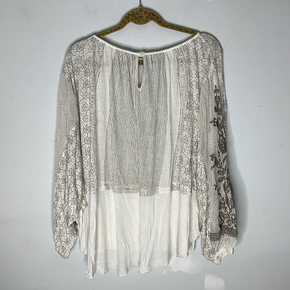 FREE PEOPLE White and Tan Mesh and Embroidered Boho Style Lyocell Blend Top SM - Picture 8 of 8